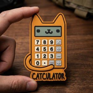 May include: Orange "Catculator" shaped calculator with a cat-ear top and a tail. The calculator has a digital display and number buttons. The word "CATCULATOR" is written in black at the bottom.