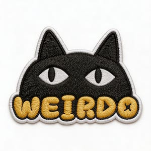May include: Embroidered patch featuring a black cat face with white eyes and the word "WEIRDO" in yellow letters. The patch has a white border and is likely for clothing or accessories.