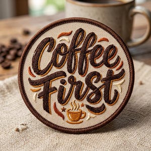 May include: Embroidered round coaster with the words "Coffee First" in brown and orange thread. The coaster features a coffee cup design and a brown stitched border. A coffee mug is in the background.