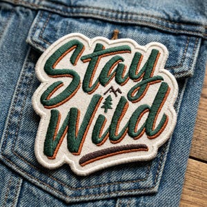 May include: Embroidered patch with the words "Stay Wild" in green and orange lettering. The patch features a mountain and tree design. The patch is attached to a blue denim jacket pocket.