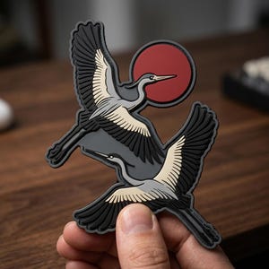 May include: A flexible PVC morale patch featuring two grey and cream-colored cranes in flight against a solid dark red circular background. The design is rendered in a raised, layered style with black outlines and a dark grey base shape.