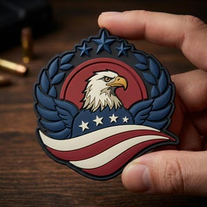 May include: A patriotic patch featuring a bald eagle with a red, white, and blue color scheme. The eagle is centered within a circular design, surrounded by stars and laurel leaves. The patch has a detailed design and a textured appearance.