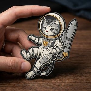 May include: A sticker featuring a cartoon cat astronaut in a white and gray spacesuit with a rocket pack. The cat has gray and white fur and is wearing a gold-trimmed helmet. The sticker is held against a wooden background.