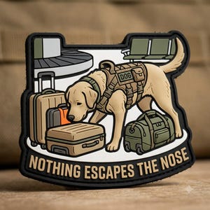 May include: A rectangular rubber morale patch featuring a tan Labrador dog wearing a tactical harness labeled DOG, sniffing luggage at an airport terminal. The text NOTHING ESCAPES THE NOSE is printed in bold tan letters along the bottom edge of the patch.
