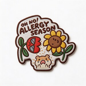 Oh No Allergy Season Embroidered Patch - Funny Floral Iron On Patch - Cute Sunflower Hamster Patch - Spring Humor Embroidery