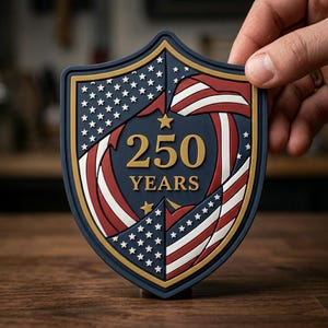 May include: A shield-shaped emblem with a patriotic design. The emblem features the American flag with red and white stripes and stars, and the text "250 YEARS" in gold. The border is navy blue and gold.