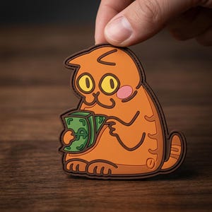 May include: Orange cat patch holding a stack of green money. The cat has large yellow eyes, pink cheeks, and a brown outline. The patch is held up by a hand against a wooden background. The cat is a cartoon style design.