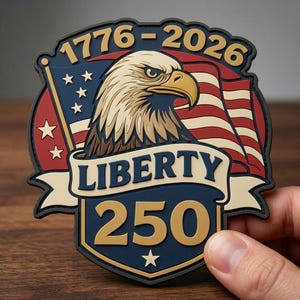 May include: A patriotic patch featuring an eagle, American flag, and the text "LIBERTY 250" with the years "1776-2026". The design incorporates red, white, blue, and gold colors, celebrating a significant anniversary.