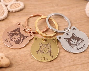 カスタム猫肖像キーホルダー、ペット名刻印タグ、ステンレス製記念品