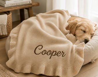 名入れ刺繍入り犬用ブランケット、フリル付き心地よいニットペット用スロー