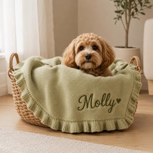 Peut inclure: Une couverture tricotée vert clair avec un bord à volants, présentant le prénom Molly brodé et une petite icône en forme de cœur. La couverture est drapée dans un panier en osier tressé, avec un petit chien brun clair aux poils bouclés.