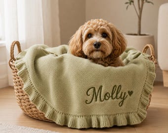 名前入りニットペットブランケット、刺繍入り、柔らかいペット用ブランケット、フリル付き縁取り、猫犬用寝具
