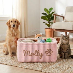 K&ouml;nnte beinhalten: Ein rechteckiger Aufbewahrungskorb aus rosa Kordstoff mit braunen Kunstledergriffen. Auf der Vorderseite ist der Name Molly in brauner Schreibschrift neben einer braunen Pfotenabdruck-Stickerei zu sehen. Der Korb enth&auml;lt einen Pl&uuml;schfuchs.