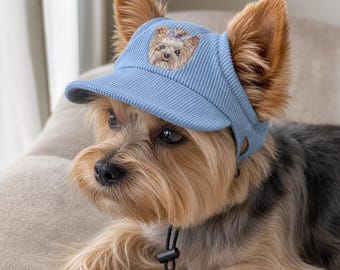 耳穴付きカスタム刺繍入りコーデュロイペットハット、パーソナライズされた犬の肖像画入りキャップ