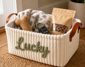Custom Puppy Welcome Basket with Name, Soft Pet Toy Bin