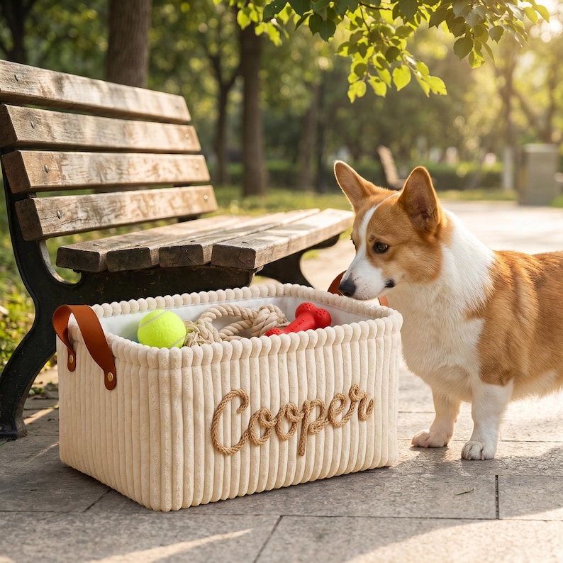 K&ouml;nnte beinhalten: Ein rechteckiger Aufbewahrungskorb aus cremefarbenem Kord mit braunen Ledergriffen und dem in Seiloptik gestickten Namen Cooper auf der Vorderseite. Der Korb enth&auml;lt einen gelben Tennisball, ein Seilspielzeug und ein rotes knochenf&ouml;rmiges Spielzeug.