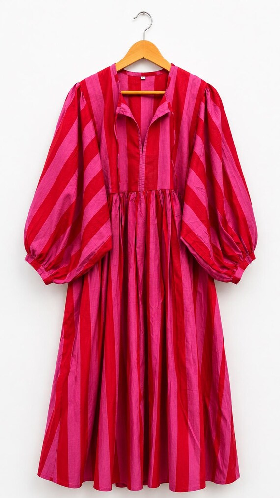 flowy red and pink dress Stripe Cotton Midi Dress, Boho Puff Sleeve Summer Casual Silhouette 20's