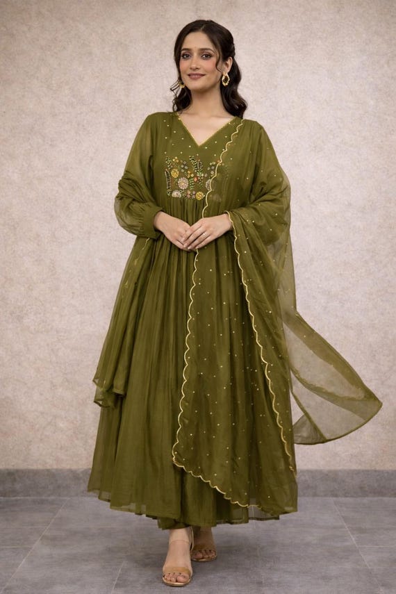 Anarkali Suit for Women, Hand Embroidered Indian Kurta Set with Dupatta, Festive Ethnic Wear, Wedding Outfit, Flowy Long Kurta