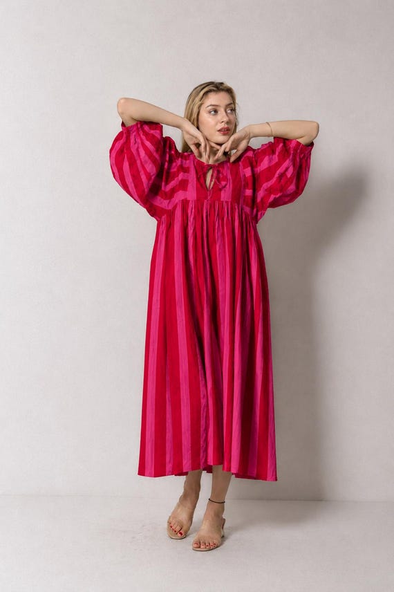 Pink Red Stripe Cotton Midi Dress, Boho Puff Sleeve Summer Casual Flowy Silhouette