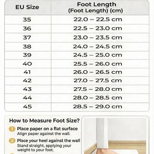 May include: A MYCORNI size chart displaying EU sizes 35 through 45 alongside corresponding foot lengths in centimeters. The chart includes instructions on how to measure foot size, featuring a diagram of a foot against a wall with a ruler.
