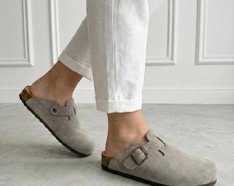 Zuecos de ante auténtico, suela anatómica de corcho, sandalias unisex, mules con soporte para el arco del pie.