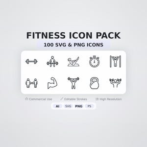 Fitness, Gym & Workout Icon Pack – 100 Minimal SVG + PNG Icons