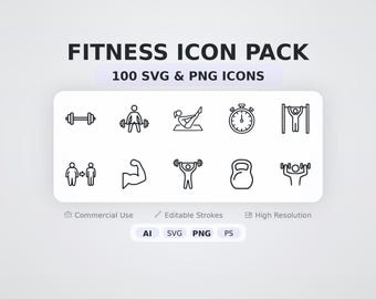 Fitness, Gym & Workout Icon Pack – 100 Minimal SVG + PNG Icons