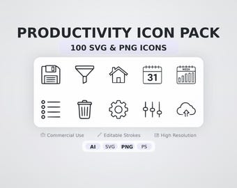 Productivity & Digital Planners Icon Pack – 100 Minimal SVG + PNG Icons