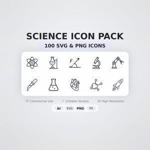 Science Icon Pack – 100 Minimal SVG + PNG Icons