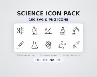 Science Icon Pack – 100 Minimal SVG + PNG Icons
