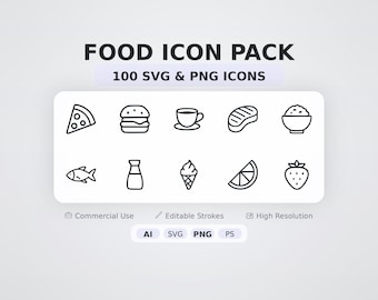 Food Icon Pack – 100 Minimal SVG + PNG Icons