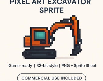 Pixel Art Excavator Sprite – 2D Construction Vehicle | PNG + Sprite Sheet | Game Asset