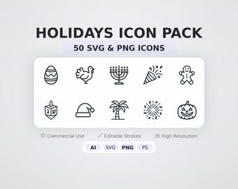 Holidays Icon Pack – 50 Minimal SVG + PNG Icons