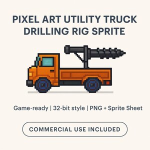 May include: Pixel art illustration of an orange utility truck with a drilling rig. The truck has blue wheels and a black drilling attachment. Text at the top reads "PIXEL ART UTILITY TRUCK DRILLING RIG SPRITE". The image is game-ready and includes commercial use.