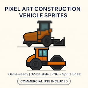Op de afbeelding: Pixel art constructie voertuig sprites in oranje en zwart. De afbeelding bevat een bulldozer en een wals. Tekst op de afbeelding luidt: PIXEL ART CONSTRUCTION VEHICLE SPRITES, Game-ready | 32-bit style | PNG + Sprite Sheet, COMMERCIAL USE INCLUDED.