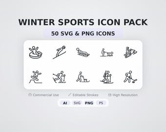 Winter Sports & Activities Icon Pack – 50 Minimal SVG + PNG Icons