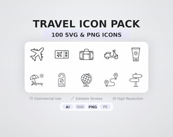 Travel Icon Pack – 100 Minimal SVG + PNG Icons