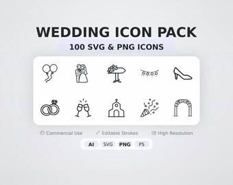 Wedding Icon Pack – 100 Minimal SVG + PNG Icons