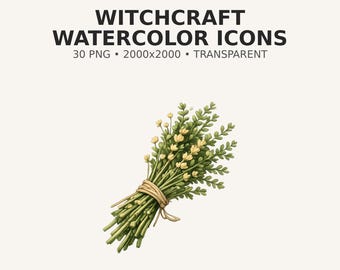 Witchcraft Watercolor Icons – Witchy Clipart, Magic Symbols, Pagan Graphics, 30 PNG