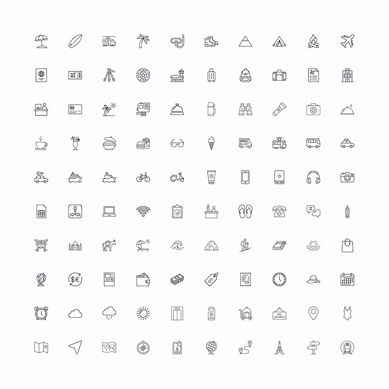 Travel Icon Pack – 100 Minimal SVG + PNG Icons - Etsy
