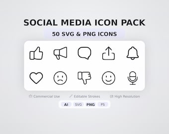 Social Media Icon Pack – 50 Minimal SVG + PNG Icons