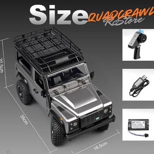 May include: Silver RC model SUV with black roof rack, measuring 13.8 inches long, 8.1 inches high, and 6.5 inches wide. Includes a remote control, charger, and battery. The text "Size" and "Quad Crawl RC Store" are visible.