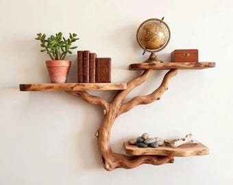 木の枝の壁棚、フローティング本棚、無垢材の流木、壁掛け棚、ユニーク