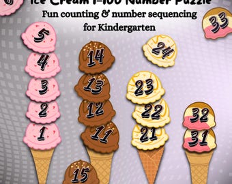 May include: An ice cream-themed number puzzle for kindergarten. The image shows ice cream cones with scoops of various flavors, each labeled with a number from 1 to 33. The text reads "Ice Cream 1-100 Number Puzzle" and "Fun counting & number sequencing for Kindergarten."