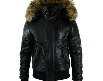 Schapenvachtleren pufferbomberjack heren, winterjas met capuchon voor heren, echt leren jack, afneembare capuchon, zwart en bruin jack