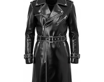Zwarte echte schapenleer-trenchcoat heren, bikerjack met riem