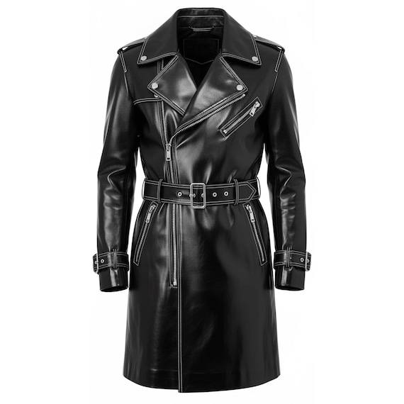 Men's Black Genuine Sheepskin Leather Trench Coat, Belted Biker