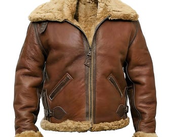 Bruine B3 schapenvacht leren jas heren, bomberjack, RAF pilotenjack, warme jas, winterjas echte schapenvacht leren jas voor heren