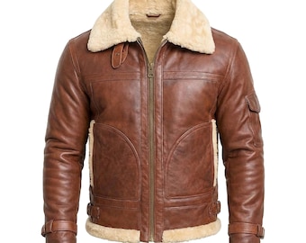 Distressed bruin B3-bomberjack heren, Pilot Flying RAF Aviator echte schapenvacht leren jas, warme jas, winterjassen