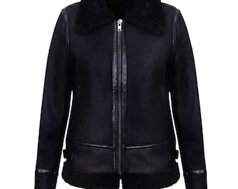 Zwart RAF Aviator B3-bomberjack dames, echt schapenvachtjack, schapenvachtleren jas, echt bontjas bikerstijl, winterjas
